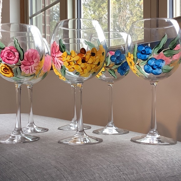 Other - Floral Hand-Painted Wine Glasses Set of 6